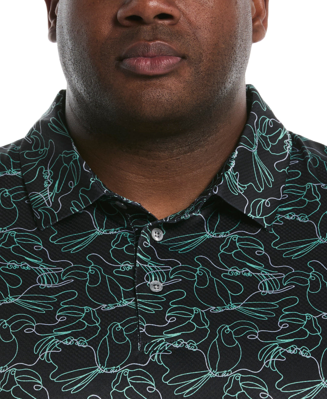 Big & Tall Linear Toucan Print Golf Polo (Caviar) 