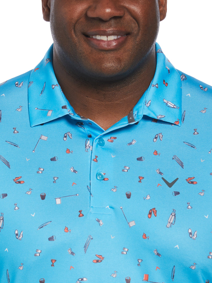 Big & Tall Short Sleeve All Over Tee Time Print Polo (River Blue) 