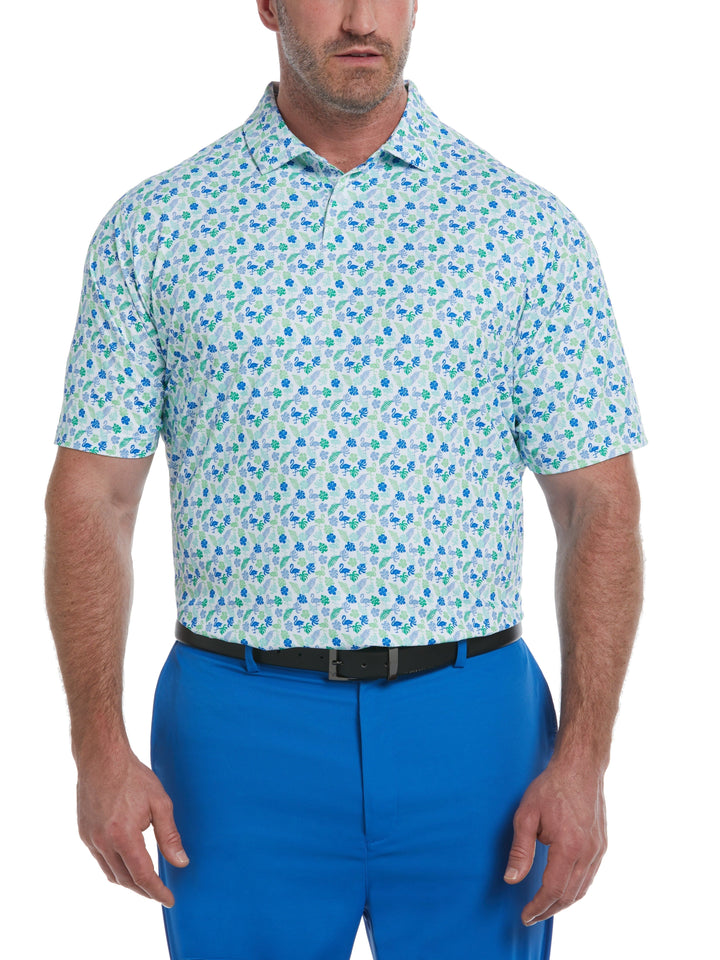 Big & Tall Ventilated Flamingo Print Golf Polo (Bright White) 