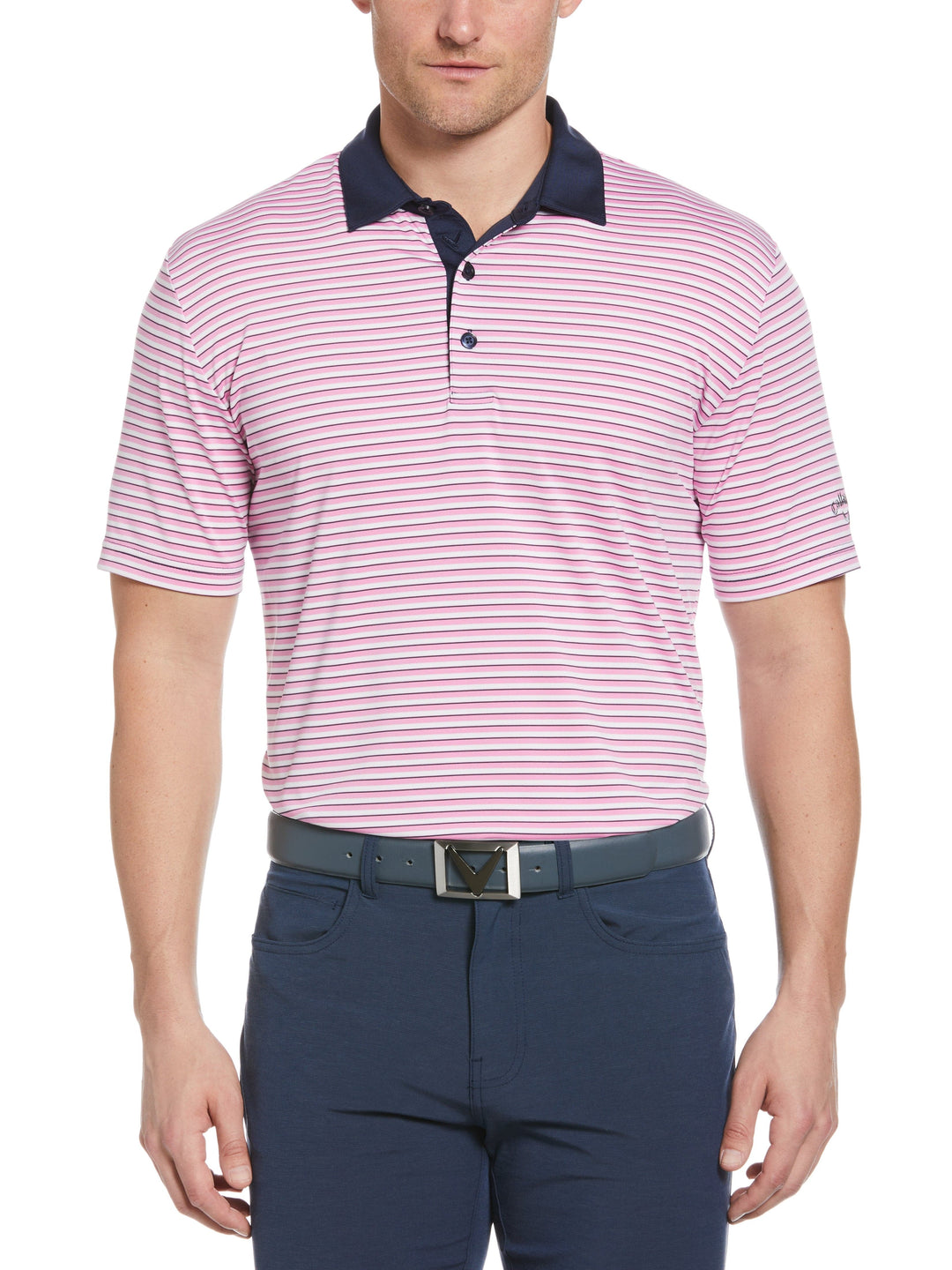 Men's 3-Color Stripe Golf Polo Shirt (Pink Sunset) 