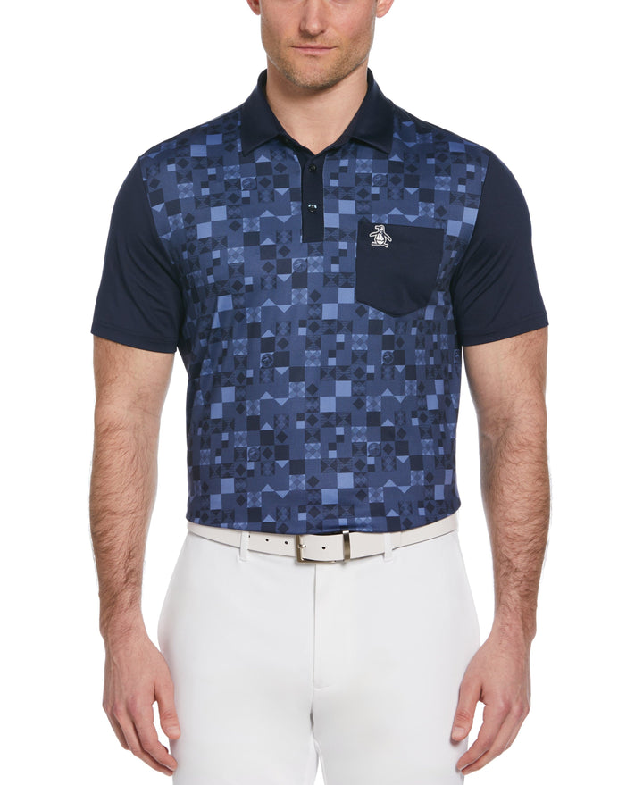 50s Color Block Print Golf Polo Shirt (Black Iris) 