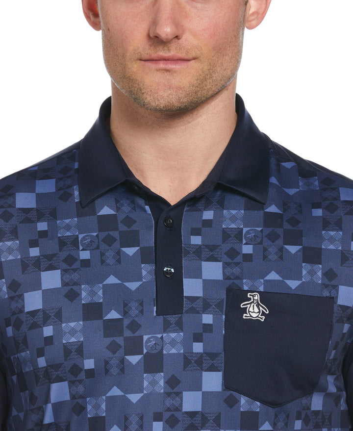50s Color Block Print Golf Polo Shirt (Black Iris) 