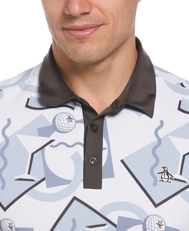 Abstract 80s Print Blocked Short Sleeve Golf Polo Shirt (Bright White) 