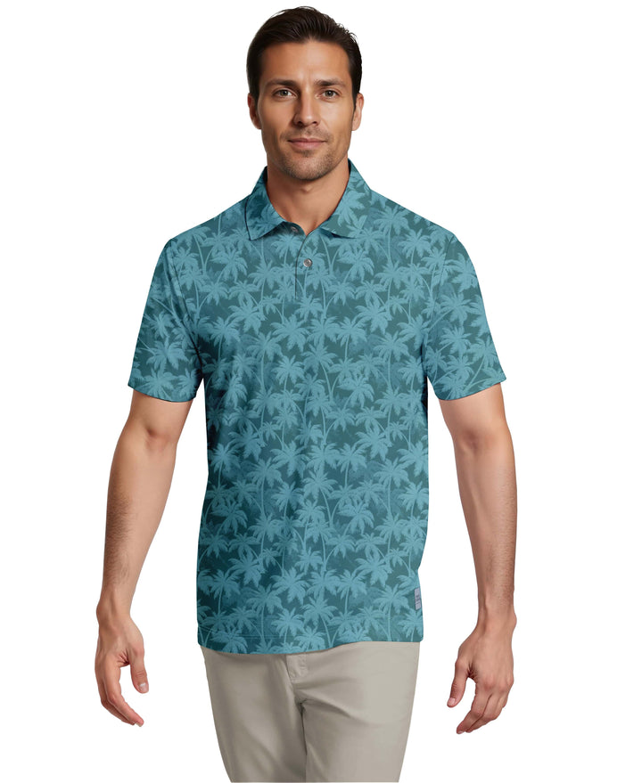 All-Over Geo Palm Print Golf Polo (Brittany Blue) 