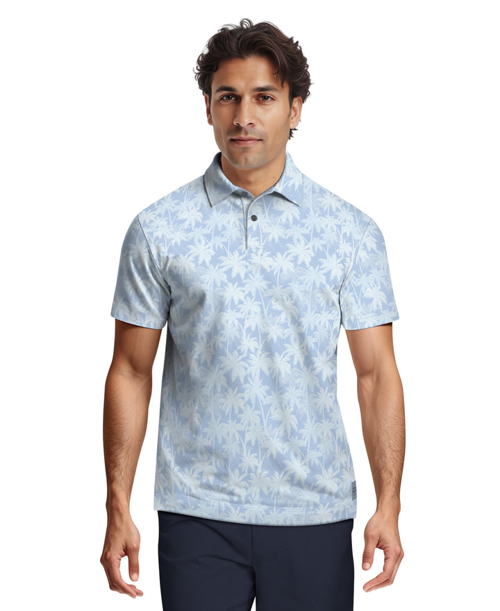 All-Over Geo Palm Print Golf Polo (Clear Sky) 