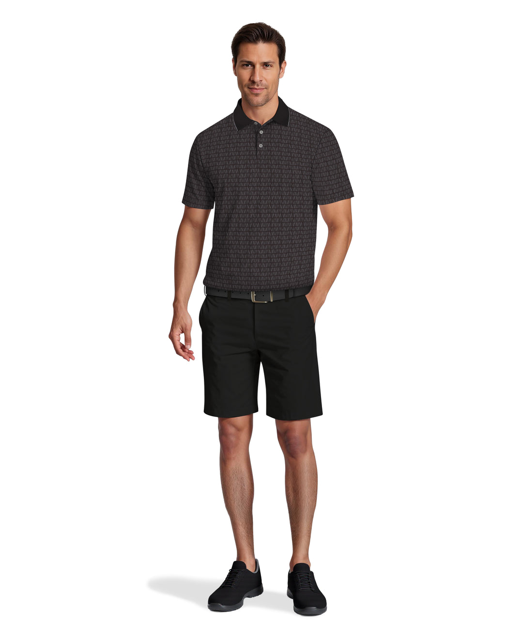 All-Over Linear Argyle Jacquard Golf Polo (Caviar) 