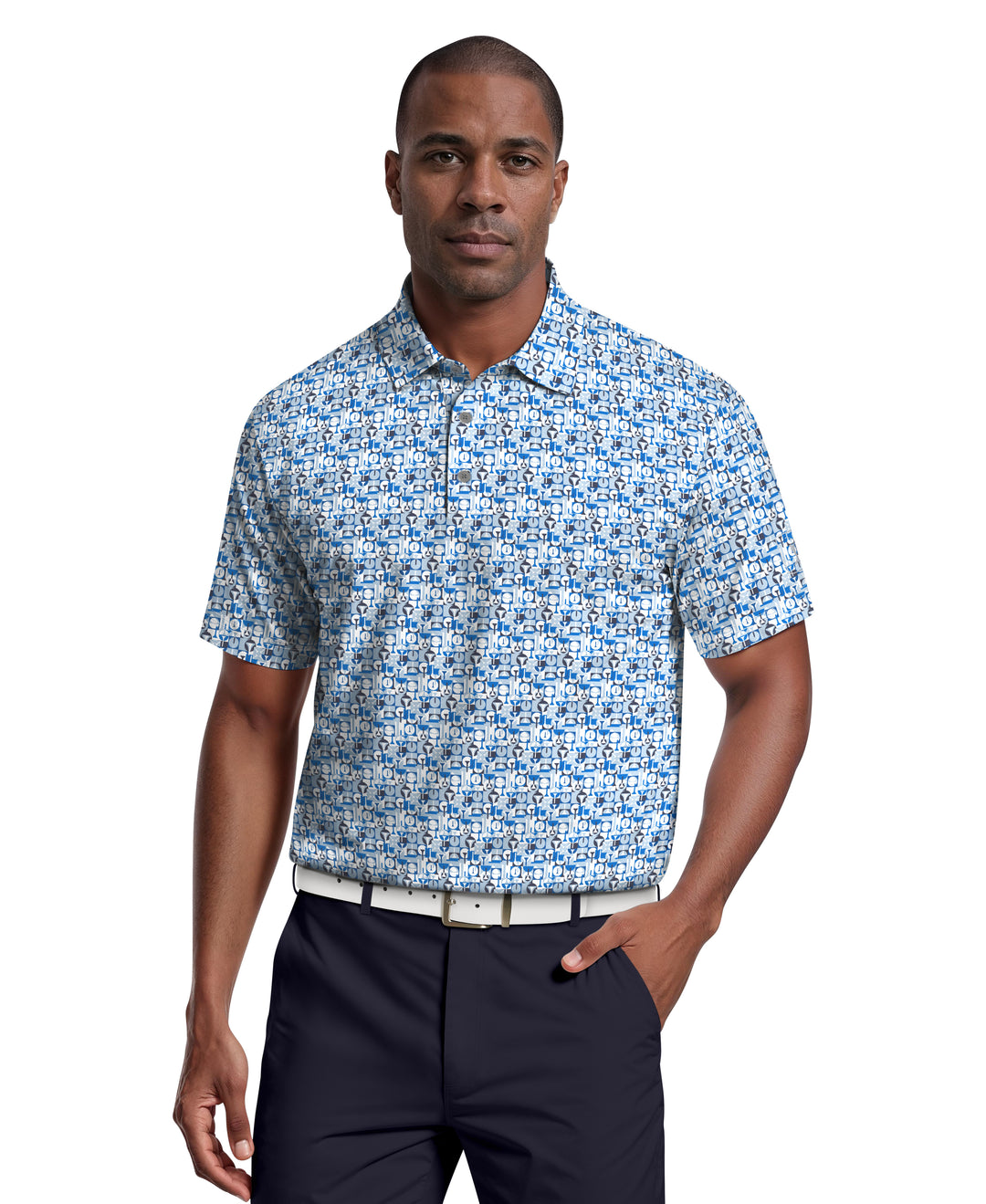 All-Over Novelty Geo Print Golf Polo (Indigo Bunting) 
