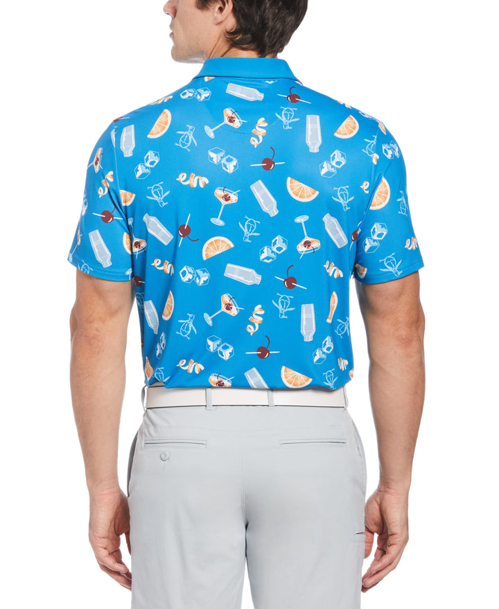 All-Over Oversized Cocktail Print Short Sleeve Golf Polo Shirt (Mediterranian Blue) 