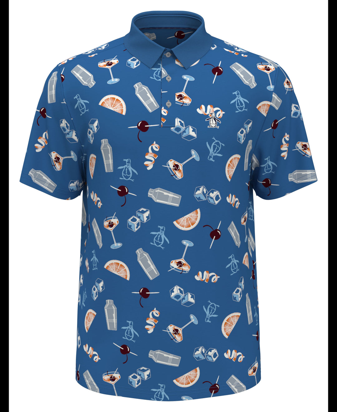 All-Over Oversized Cocktail Print Short Sleeve Golf Polo Shirt (Mediterranian Blue) 