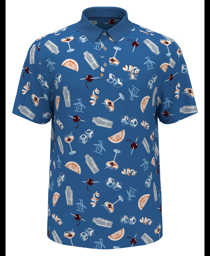 All-Over Oversized Cocktail Print Short Sleeve Golf Polo Shirt (Mediterranian Blue) 