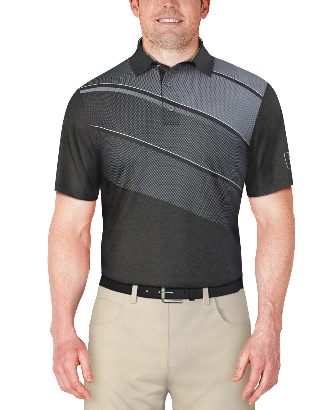 Short Sleeve Asymmetric Heather Print Polo  (Caviar) 