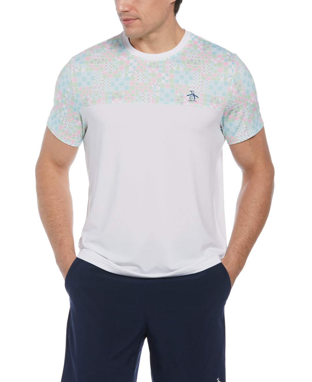 Checkerboard Block Performance Short Sleeve Tennis T-Shirt (Bright White) 
