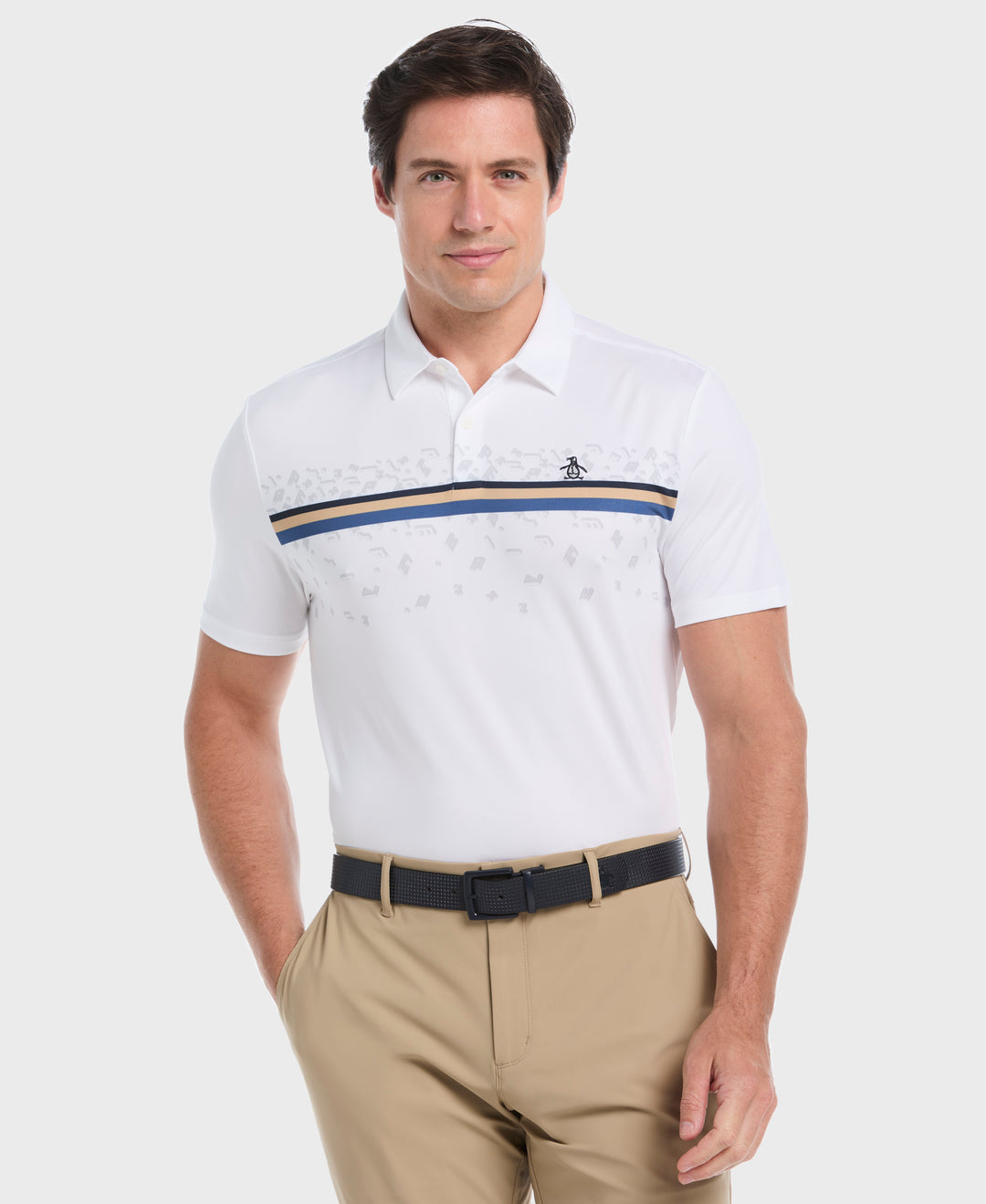 "Got Game" Stripe Novelty Golf Polo (Bright White) 