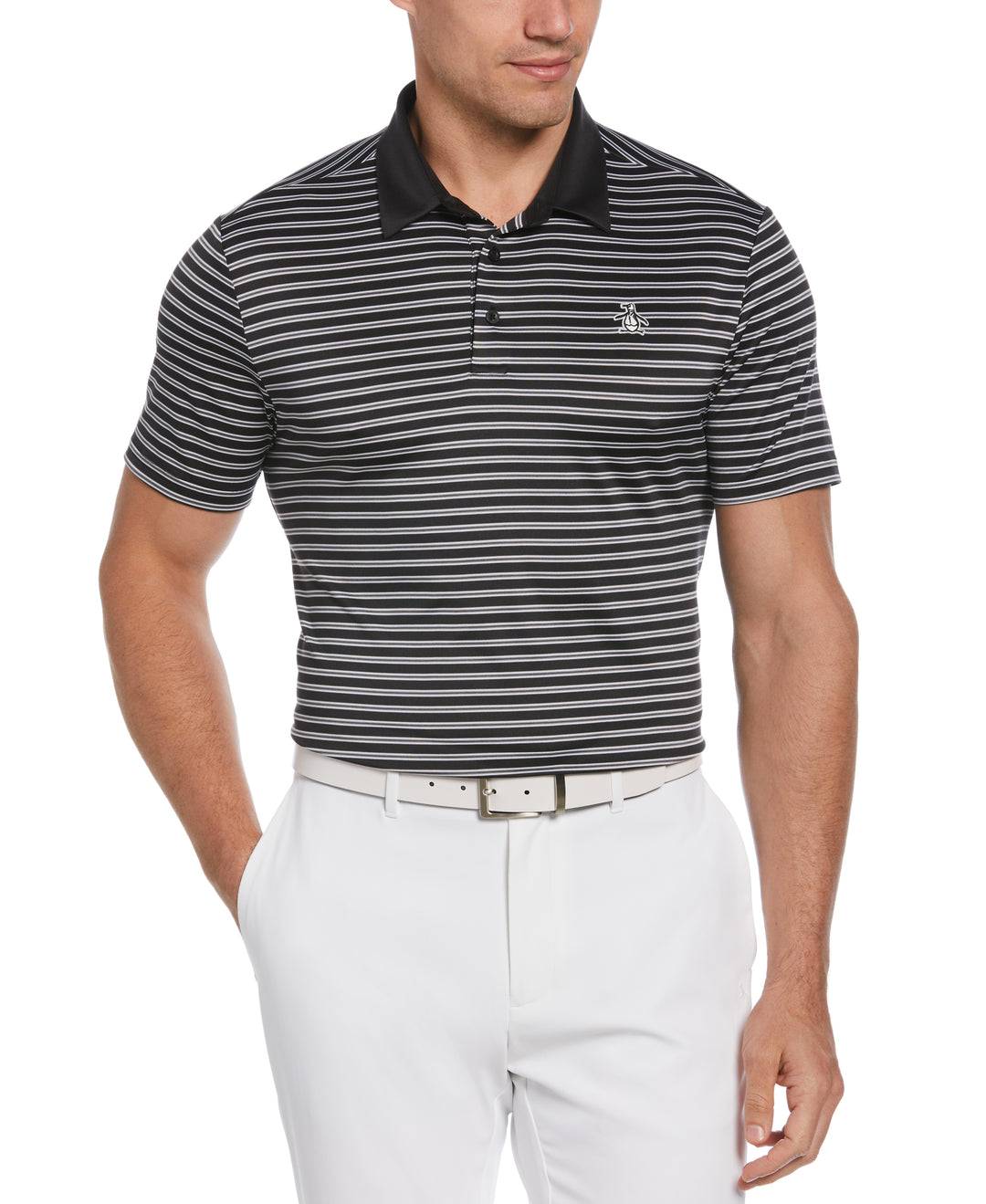 Heritage Stripe Solid Collar Short Sleeve Polo Shirt (Caviar) 