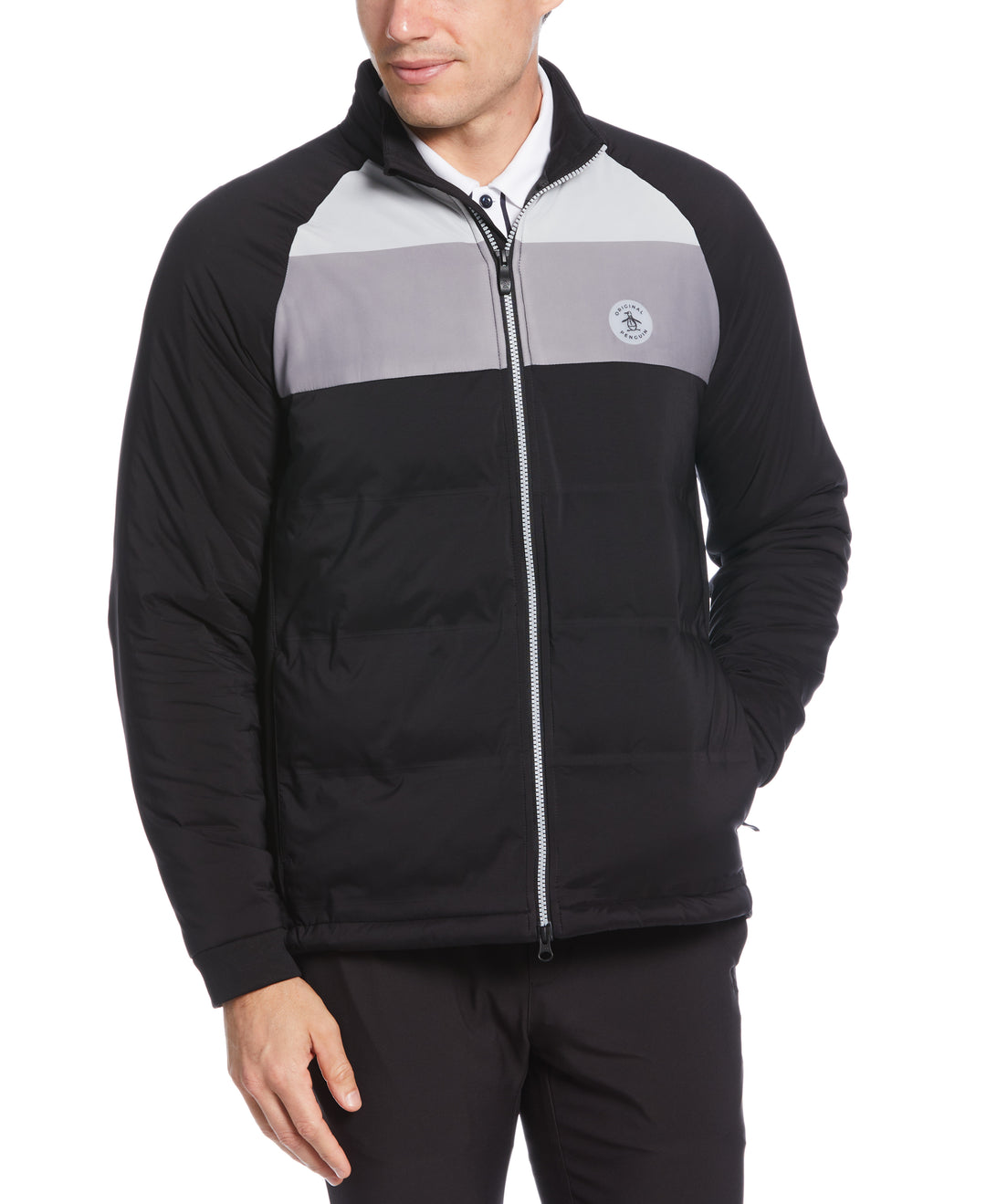Mixed Media Color Blocked Insulated Full Zip Jacket (Caviar) 