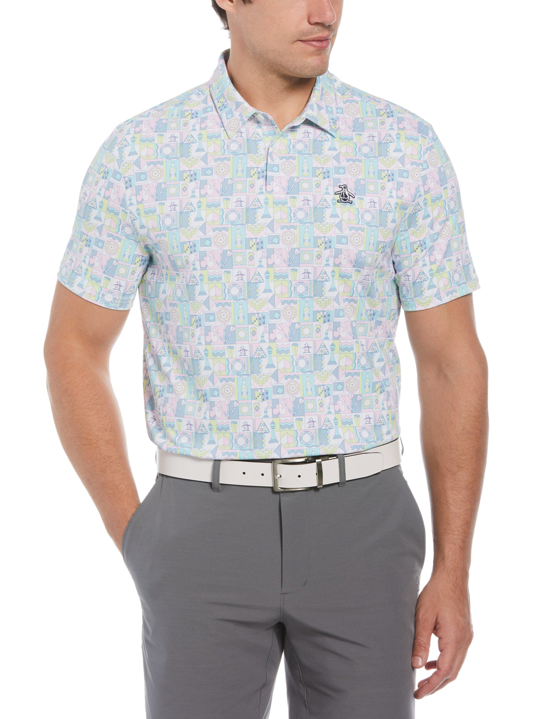 Novelty Grid Print Short Sleeve Golf Polo Shirt (Bright White) 