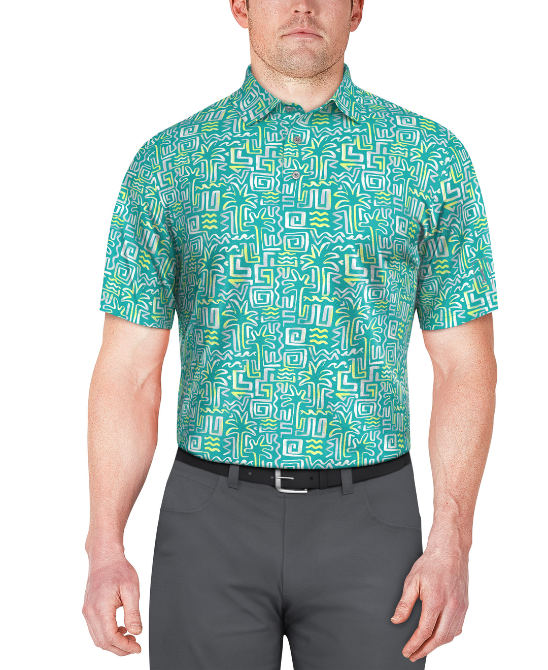 SHORT SLEEVE PALM CONVERSATIONAL PRINT POLO (Scuba Blue) 