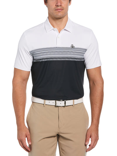 Penguin Stripe Block Print Short Sleeve Golf Polo Shirt (Bright White) 