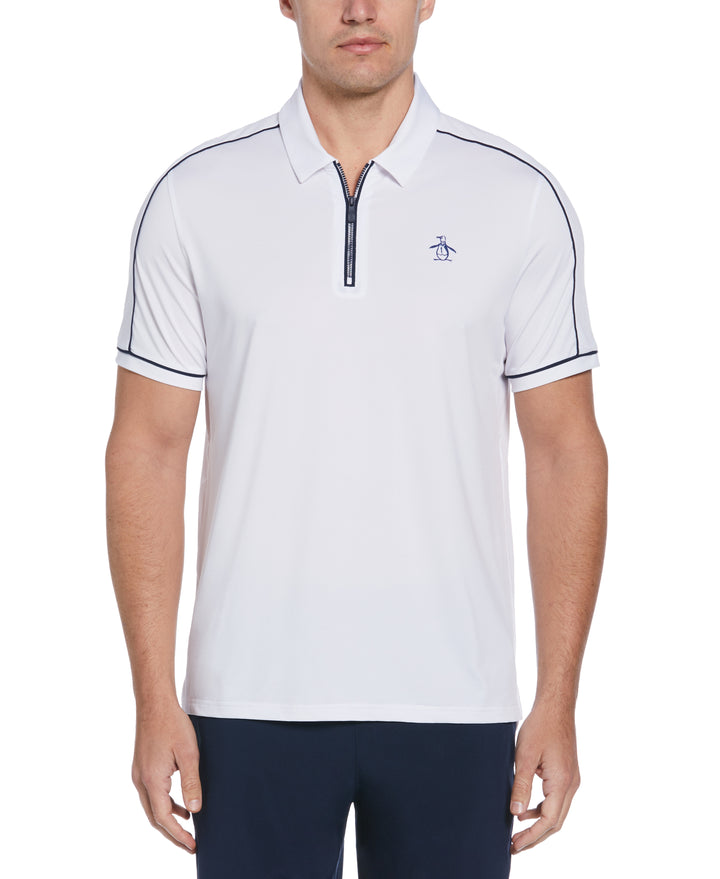 Piped Performance Quarter Zip Tennis Polo Shirt (Bright White) 