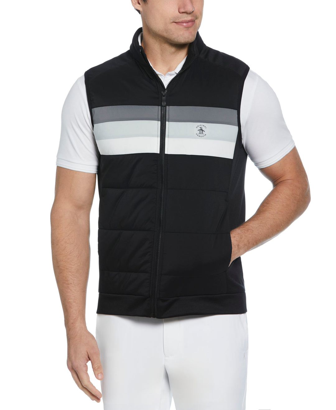Retro Color Block Mixed Media Insulated Full Zip Vest (Caviar) 