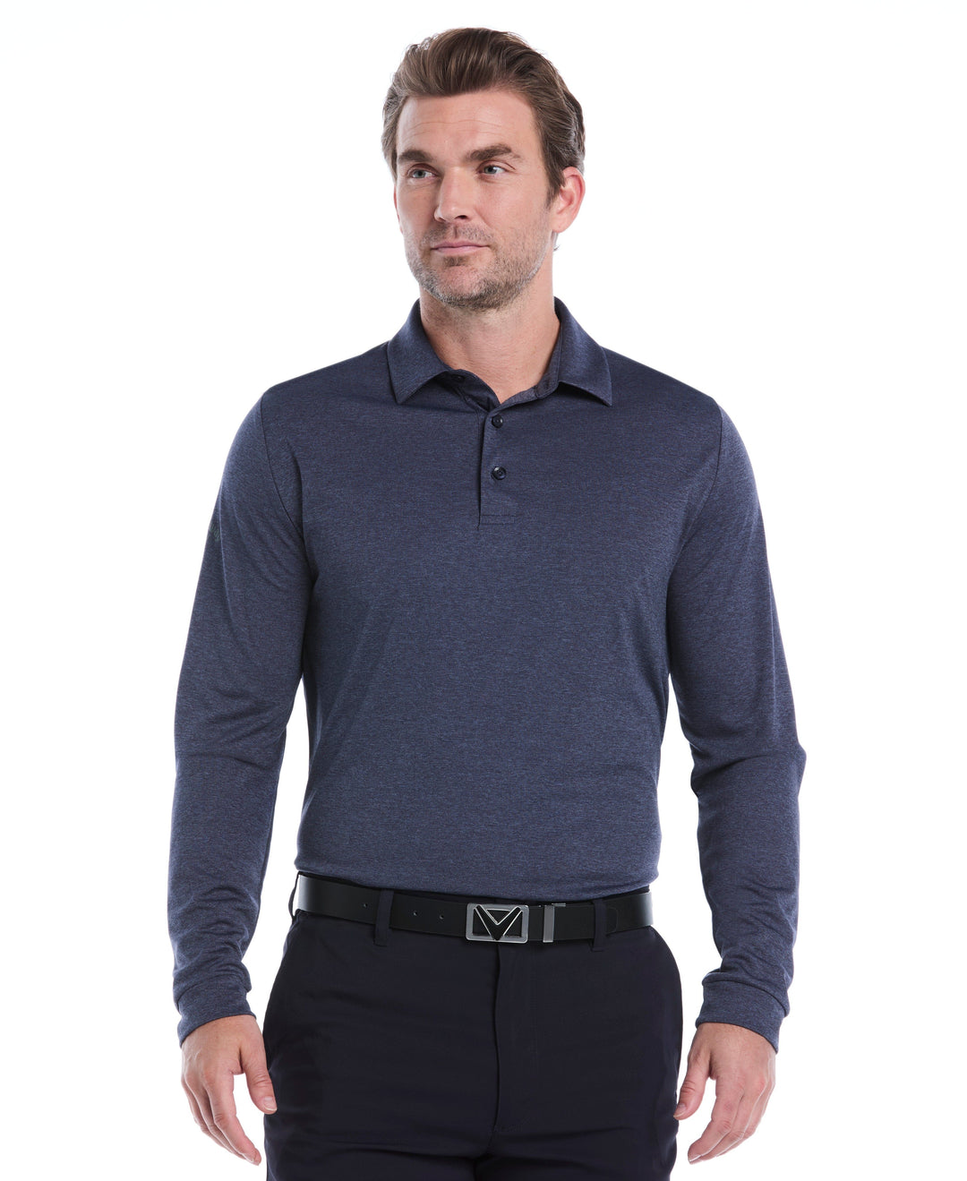 Swing Tech™ Essential Long Sleeve Golf Polo (Navy Chambry Htr) 