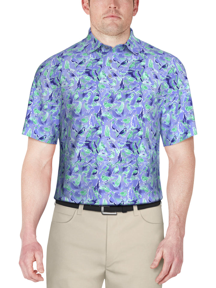Watercolor Birdie Print Golf Polo (Clematis Blue) 