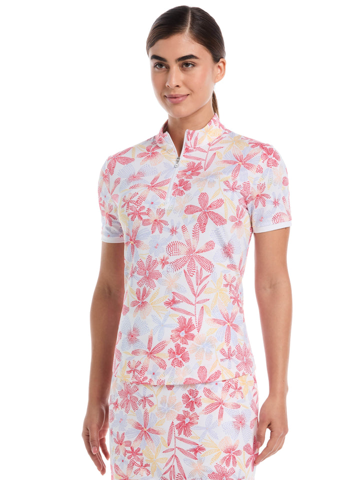 Women's Abstract Floral Print Zip Golf Polo