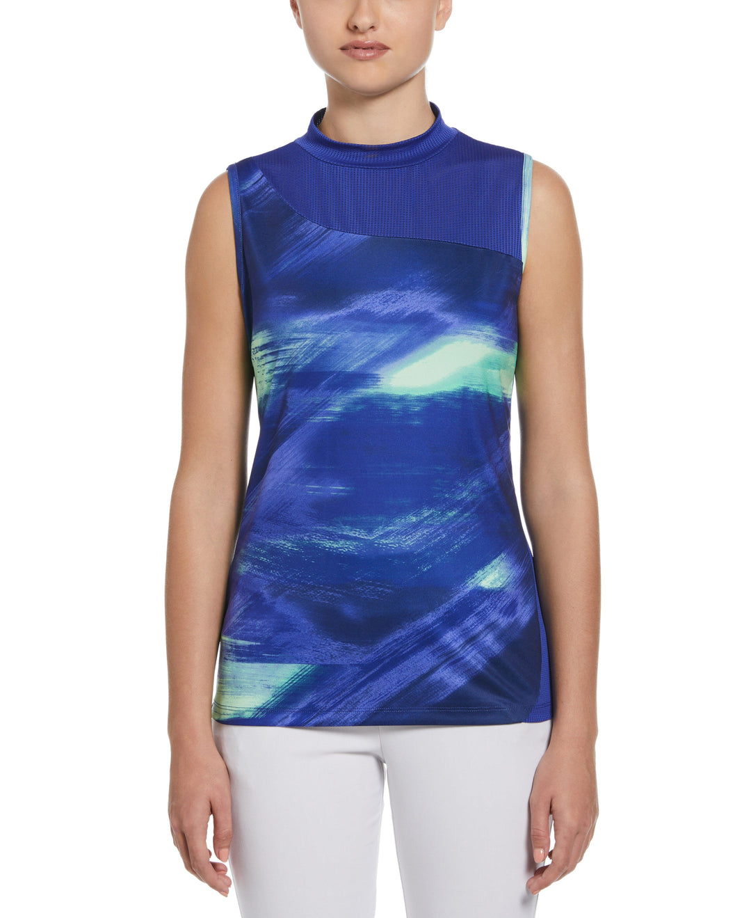 Brushed Abstract Print Golf Shirt with Asymmetrical Blocking (Bluing) 