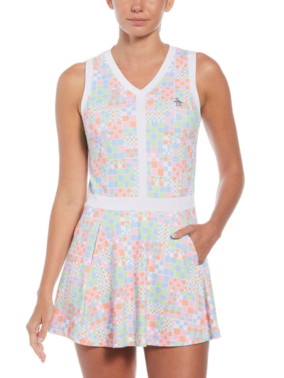 Women's Checkerboard Print Flounce Sleeveless Tennis Dress