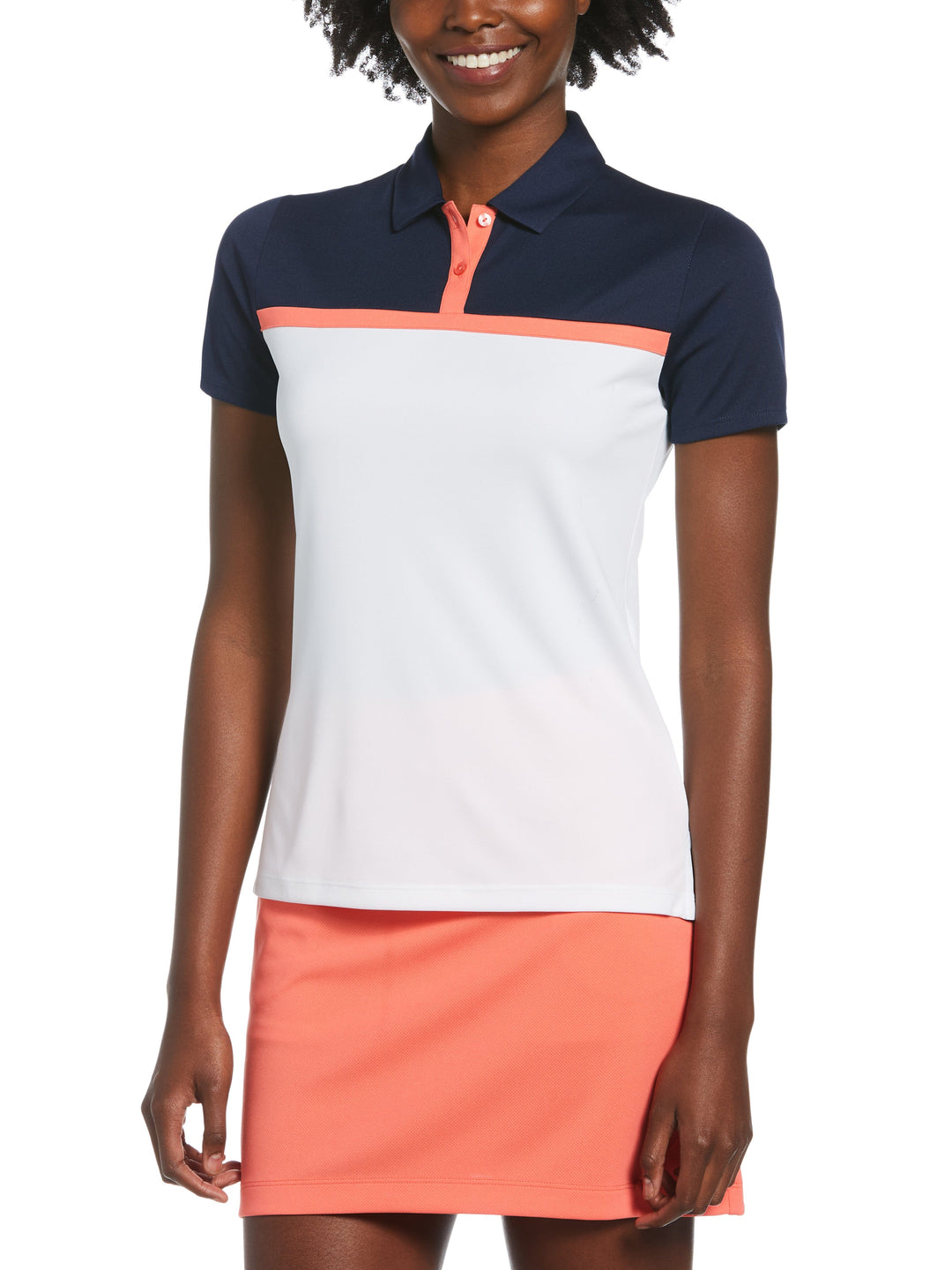 Womens Chest Striped Button Polo (Brilliant White) 