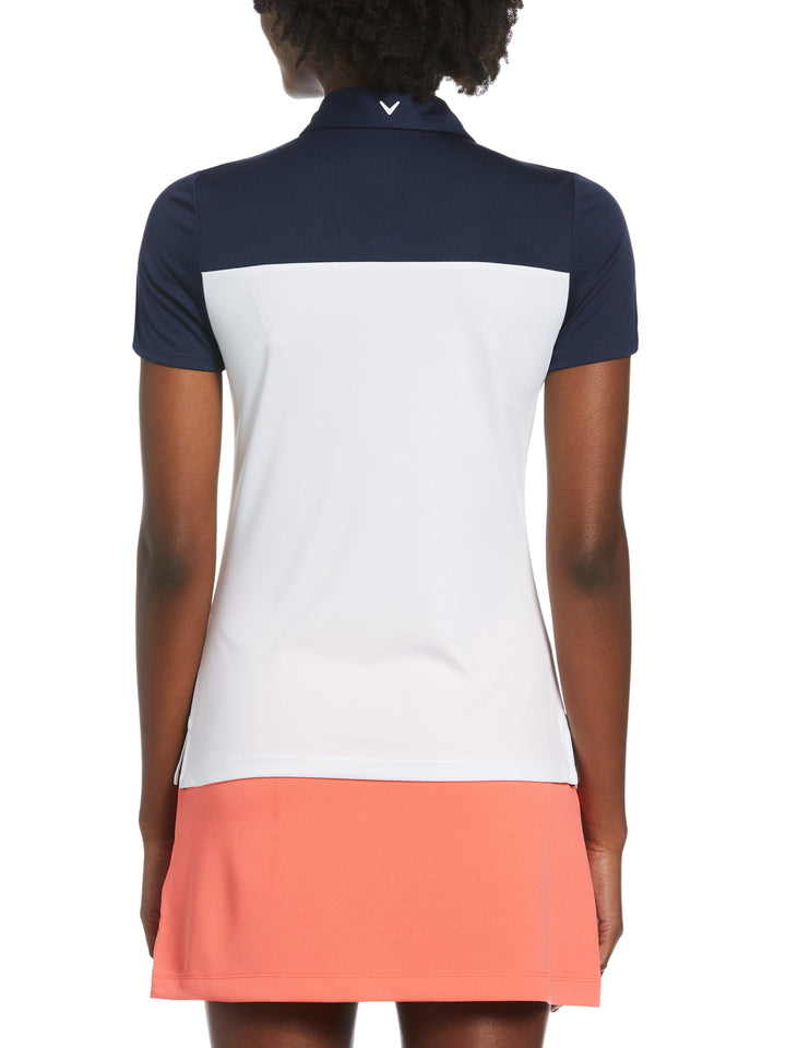 Womens Chest Striped Button Polo (Brilliant White) 
