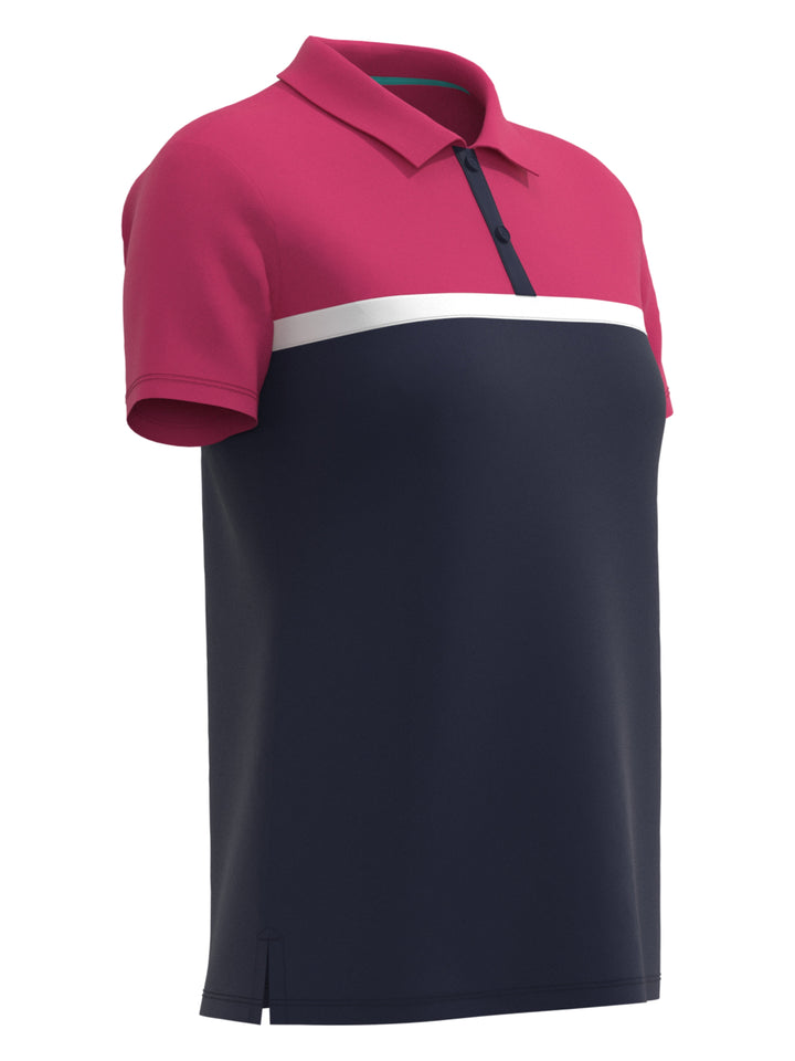 Womens Chest Striped Button Polo (Raspberry Sorbet) 