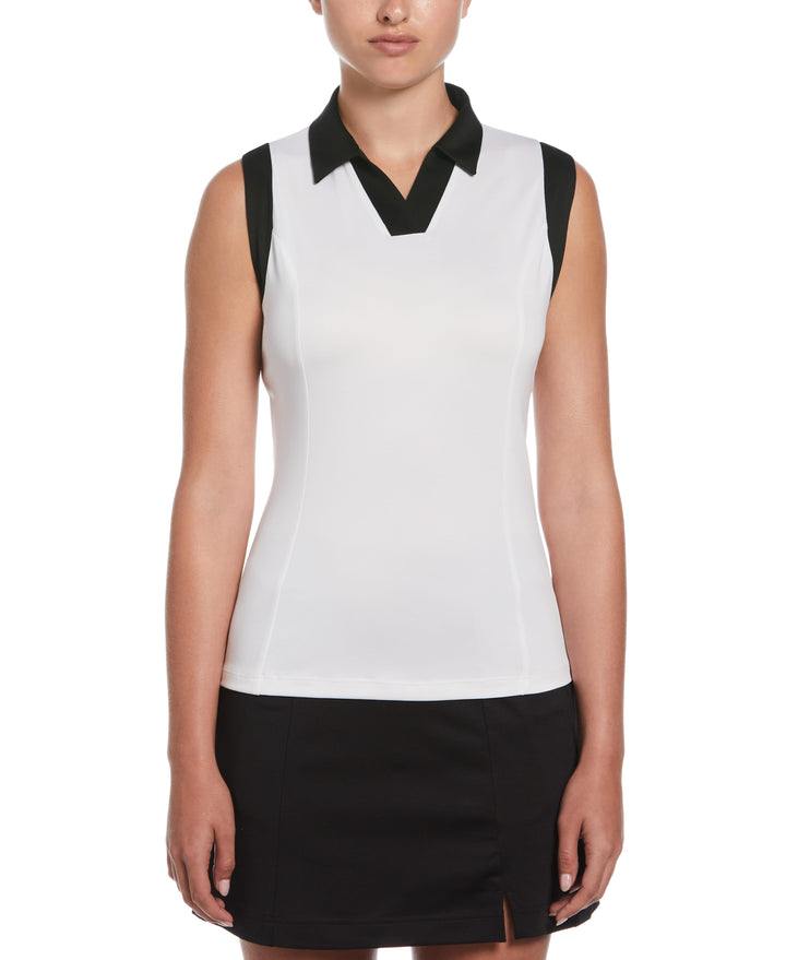 Women's Color Block V-Placket Sleeveless Golf Polo Shirt (Brilliant Wh/Caviar) 