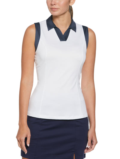 Women's Color Block V-Placket Sleeveless Golf Polo Shirt (Brilliant White) 