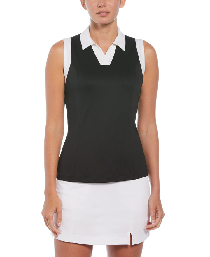 Women's Color Block V-Placket Sleeveless Golf Polo Shirt (Caviar) 