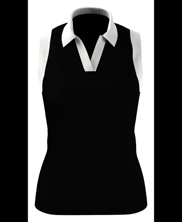 Women's Color Block V-Placket Sleeveless Golf Polo Shirt (Caviar) 