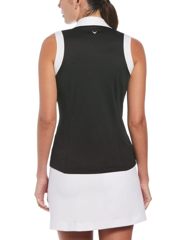 Women's Color Block V-Placket Sleeveless Golf Polo Shirt (Caviar) 