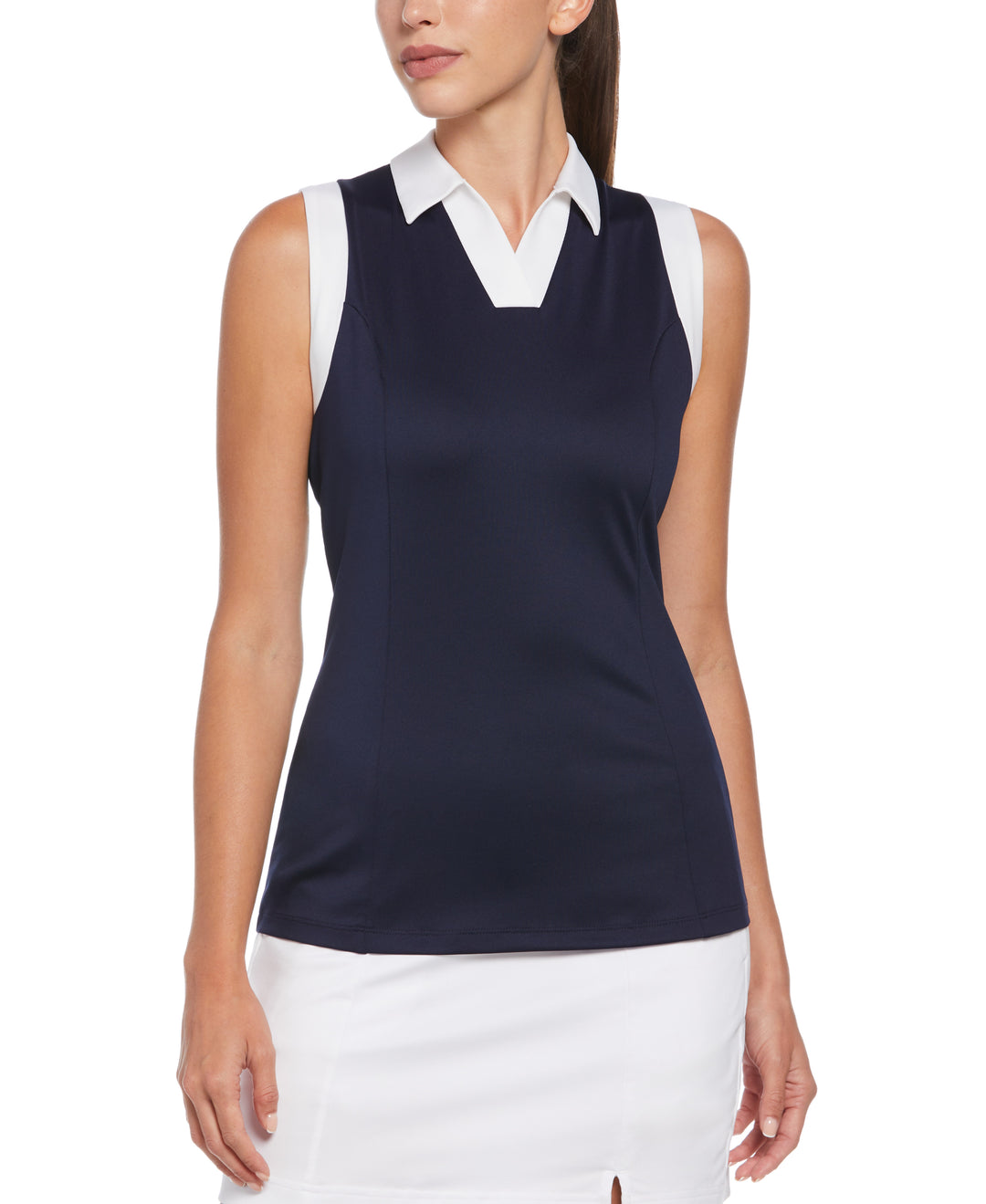 Women's Color Block V-Placket Sleeveless Golf Polo Shirt (Peacoat) 