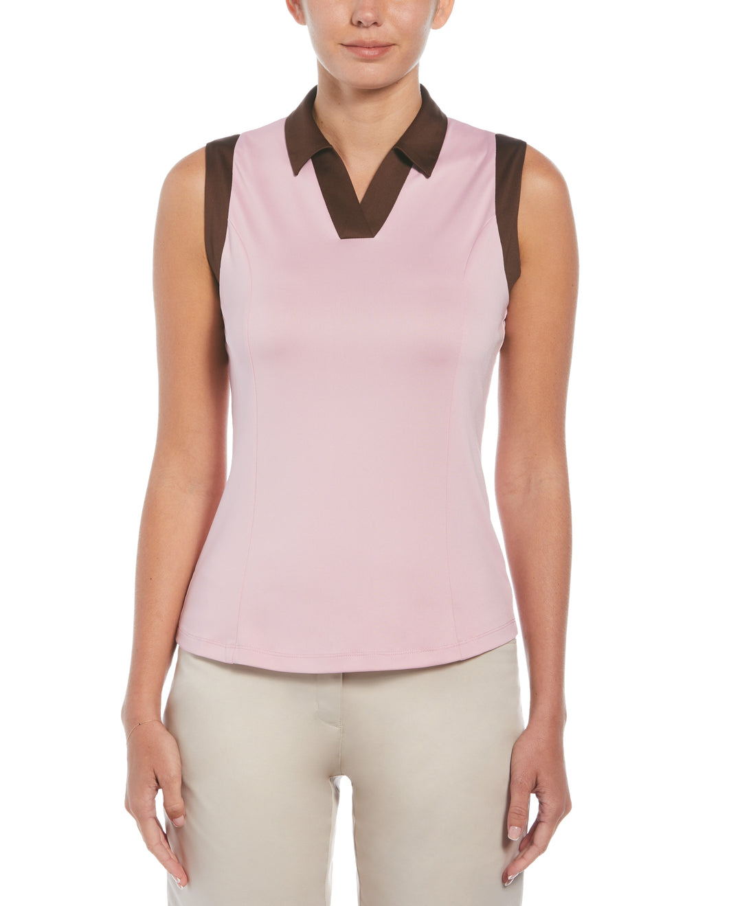 Women's Color Block V-Placket Sleeveless Golf Polo Shirt (Pink Nectar) 