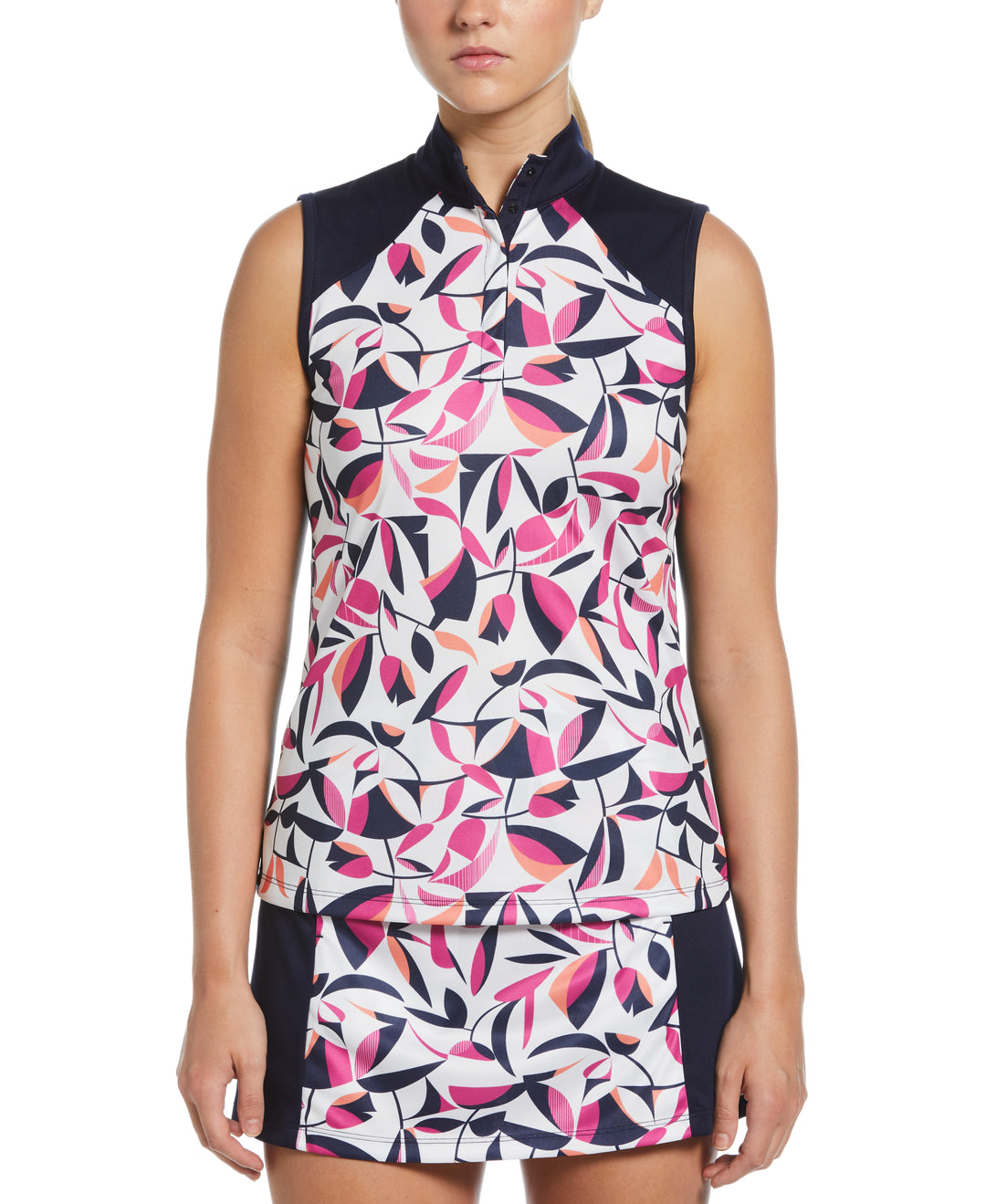 Cutout Floral Print Golf Polo (Bright White) 