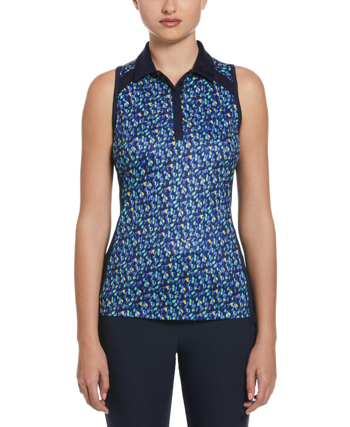 Dab Printed Golf Polo with Solid Self Collar and Side Panels (Peacoat) 