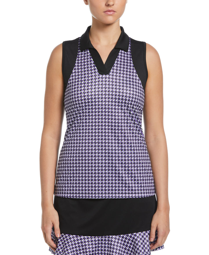 Diagonal Geo Printed Sleeveless Polo W/ Mesh Shoulder Panels  (Caviar) 