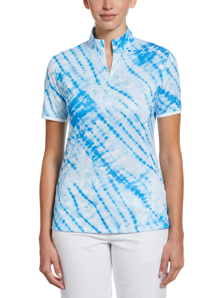 Womens Diagonal Tie Dye Print Zip Golf Polo (Brilliant White) 