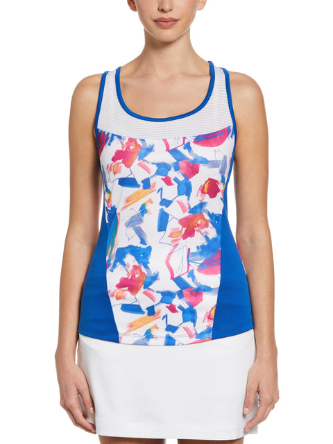Diffused Floral Print Tennis Tank with Mesh Panels (Brilliant White) 