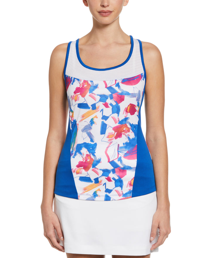 Diffused Floral Print Tennis Tank with Mesh Panels (Brilliant White) 