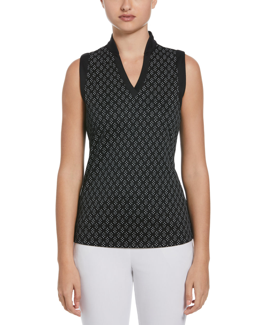 Geo Print Golf Shirt with Mandarin Collar (Caviar) 