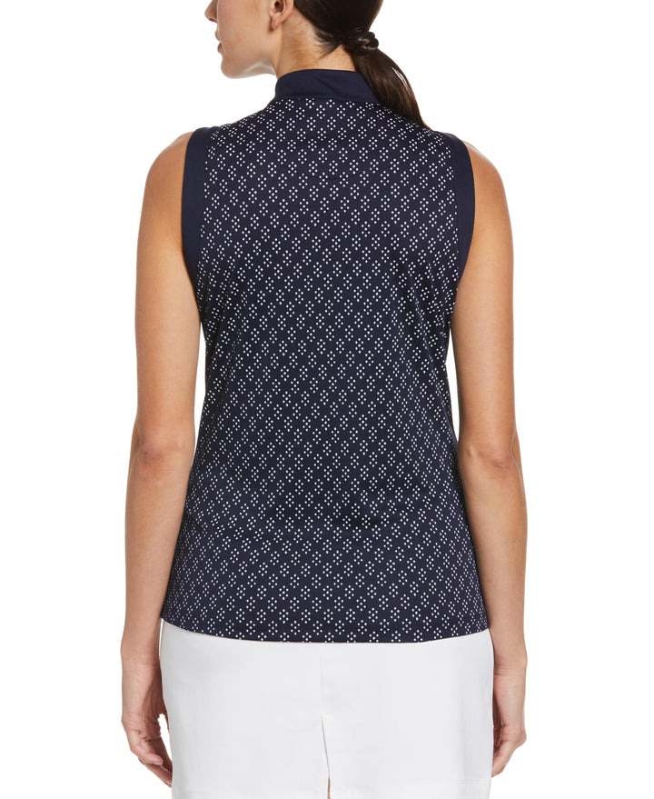 Geo Print Golf Shirt with Mandarin Collar (Bright White) 