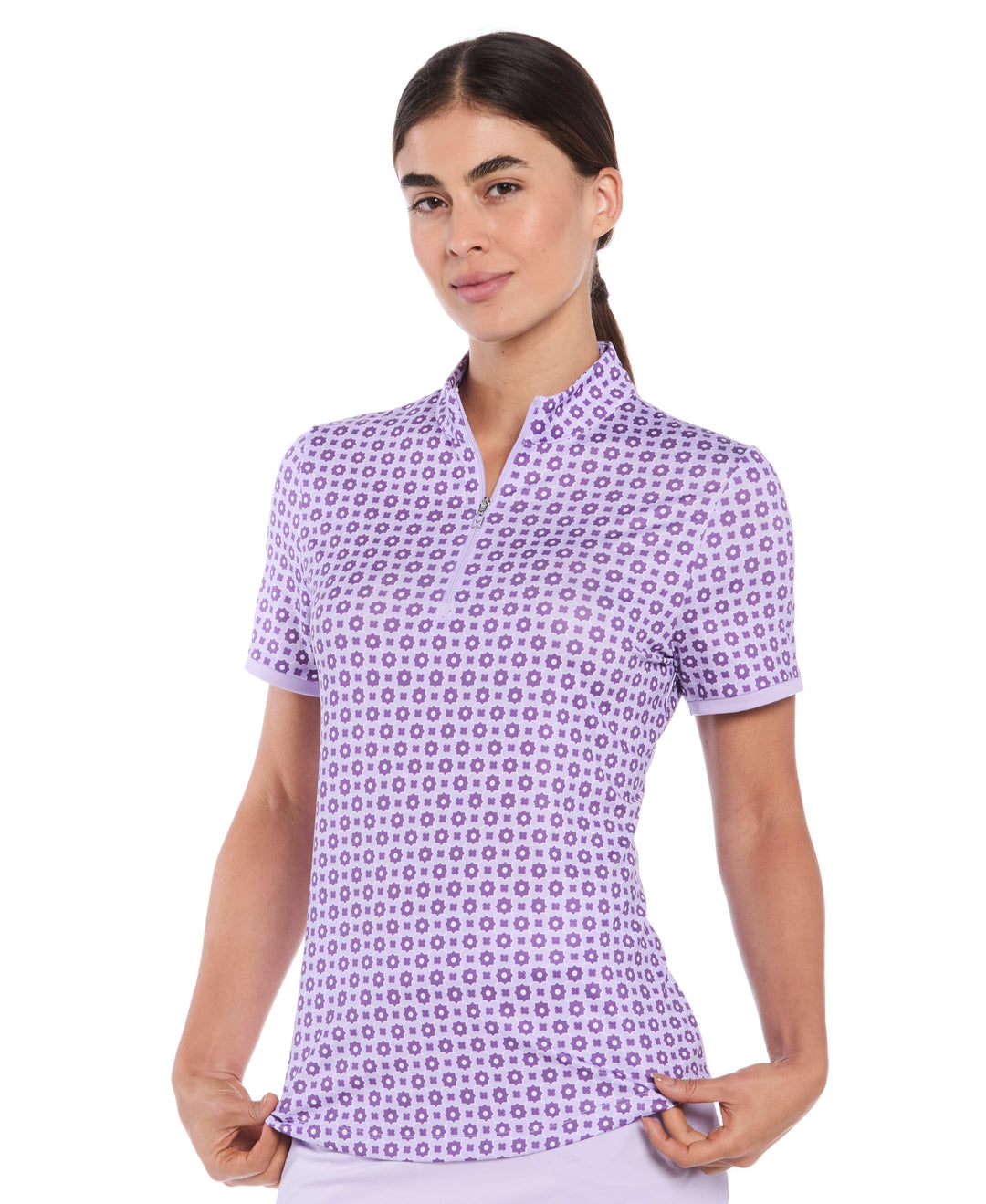 Women's Geo Print Zip Golf Polo (Brilliant White) 