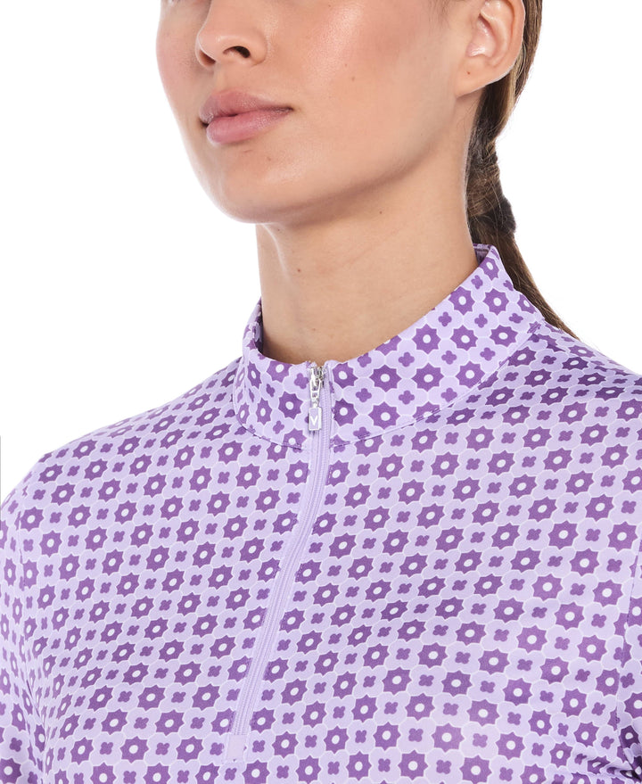 Women's Geo Print Zip Golf Polo (Brilliant White) 