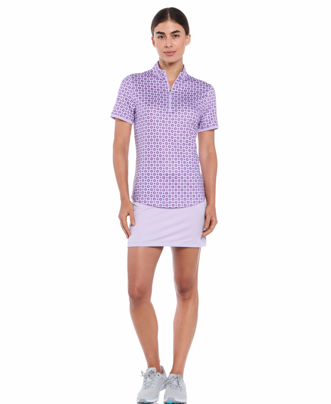 Women's Geo Print Zip Golf Polo (Brilliant White) 